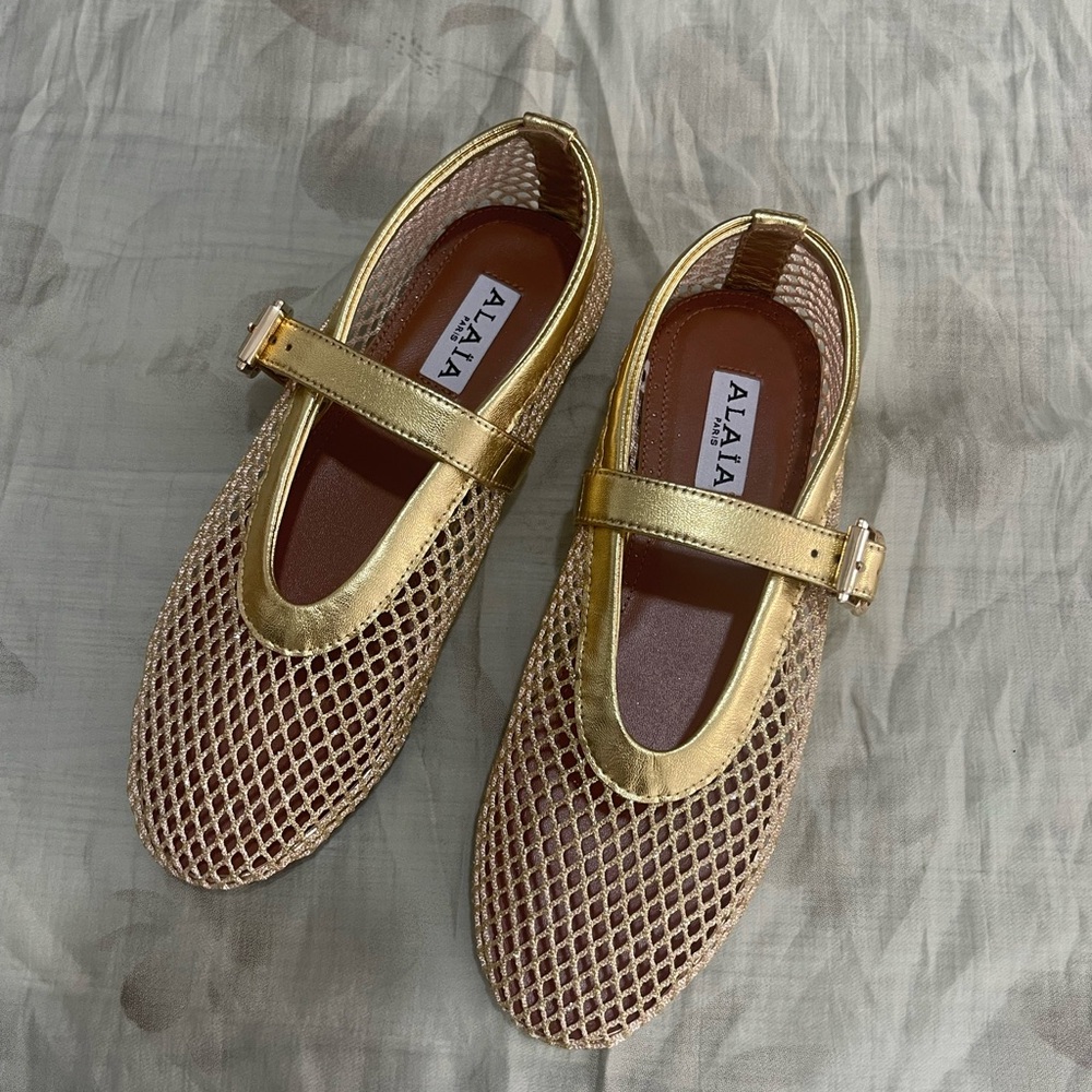 Alaïa Gold Mesh Mary Jane Flats with Metallic Strap